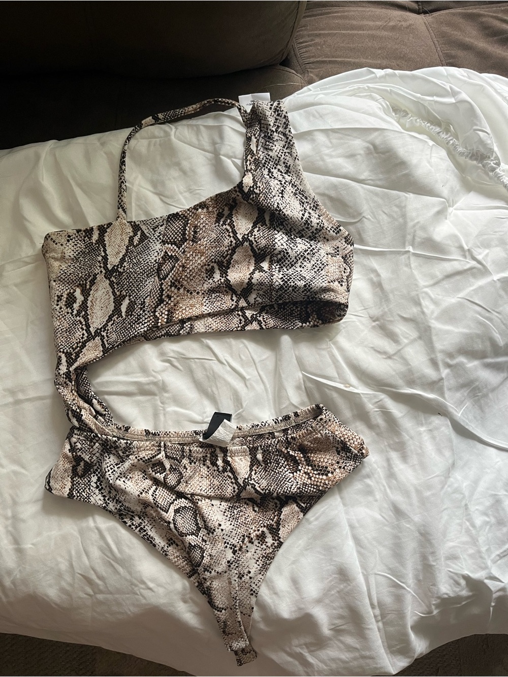 Snake Print One-Shoulder Set - Neutral Snake Skin